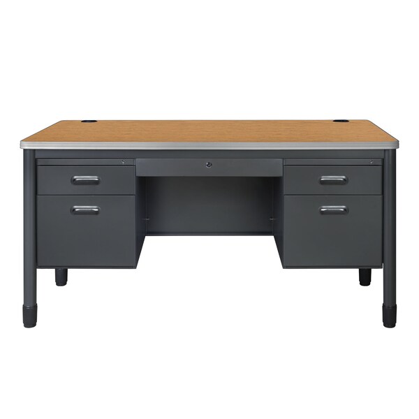 Regency Mesa Steel Double Pedestal Teacher's Office Desk with Center Drawer 60'' x 30'', Medium Oak - 66266DPCDMO