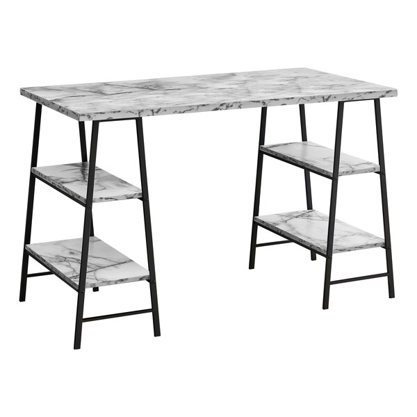 Monarch Specialties Computer Desk, Home Office, Laptop, Storage Shelves, 48"L, Work, Metal, White Marble Look, Black - I 7527