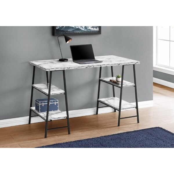 Monarch Specialties Computer Desk, Home Office, Laptop, Storage Shelves, 48"L, Work, Metal, White Marble Look, Black - I 7527