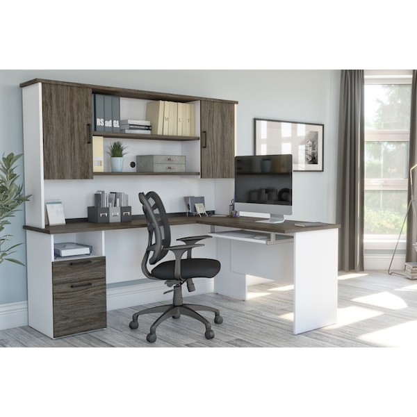 Bestar Norma L-Shaped Desk with Hutch, Walnut Grey & White - 181850-000035