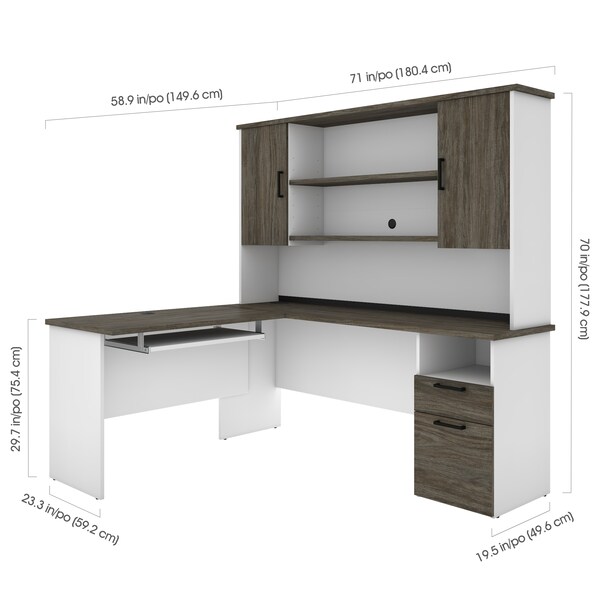 Bestar Norma L-Shaped Desk with Hutch, Walnut Grey & White - 181850-000035