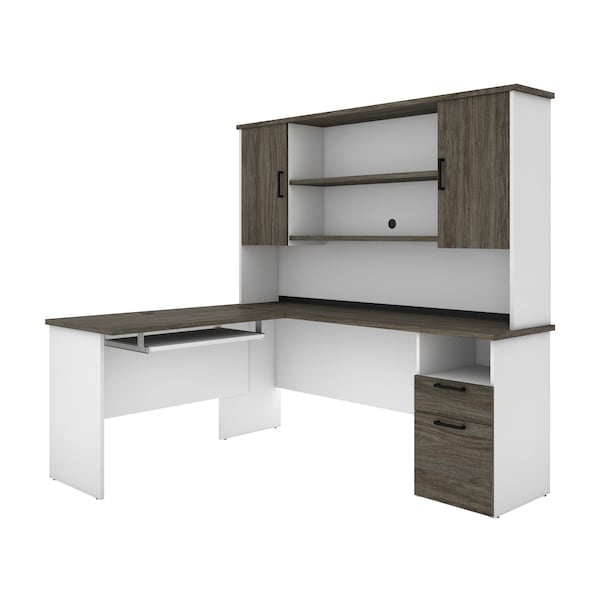 Bestar Norma L-Shaped Desk with Hutch, Walnut Grey & White - 181850-000035