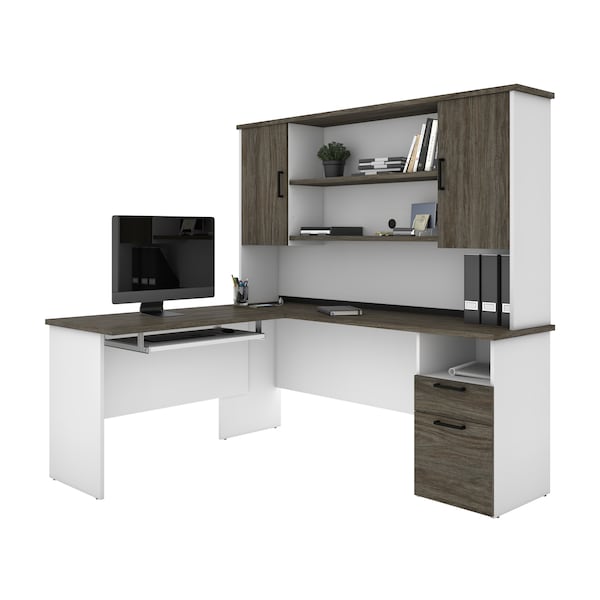 Bestar Norma L-Shaped Desk with Hutch, Walnut Grey & White - 181850-000035