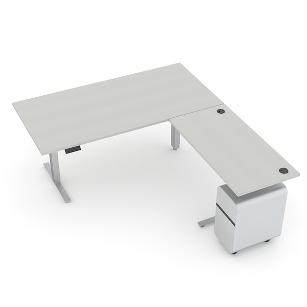 Quantum Sit-Stand Desk Series 6'x7' L-Shaped Adjustable Electric Sit-Stand Desk with filling cabinet in White, mfgd Board Work Top - CY-QNT_L36-6X7-WALLY