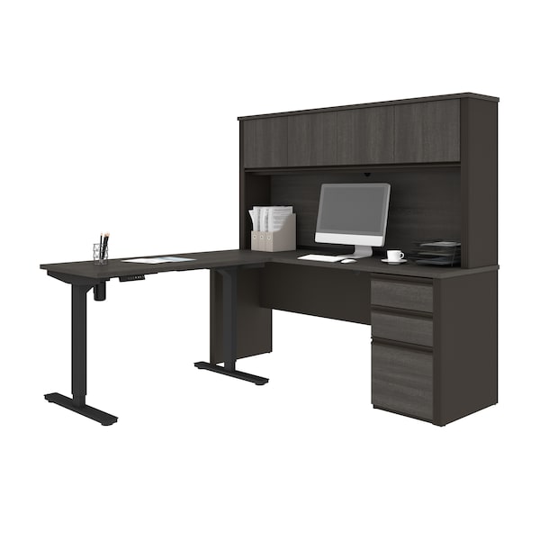 Bestar Prestige + Height Adjustable L-Desk with Hutch, Bark Gray/Slate - 99886-000047