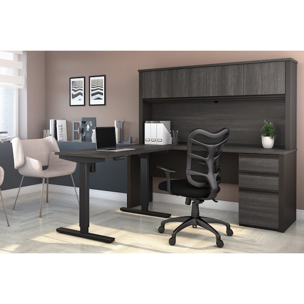 Bestar Prestige + Height Adjustable L-Desk with Hutch, Bark Gray/Slate - 99886-000047