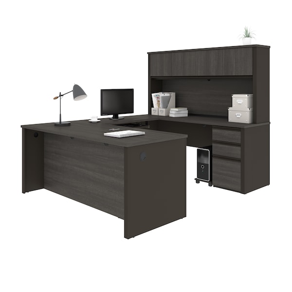 Bestar Prestige + U-Shaped Workstation with Two Pedestals, Bark Gray/Slate - 99853-000047