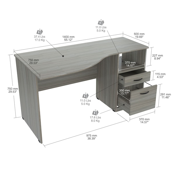 Inval Curved Top Desk 55.12 in. W x 19.69 in. D x 29.53 in. H in Smoke Oak - ES-12903