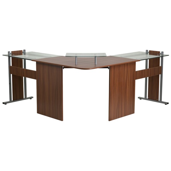 Flash Furniture Multi Functional Desk Office Desk, 61-3/4" D X 34" H, 95" W X Metal, Table Top: Glass, Teakwood - NAN-WK-105-GG