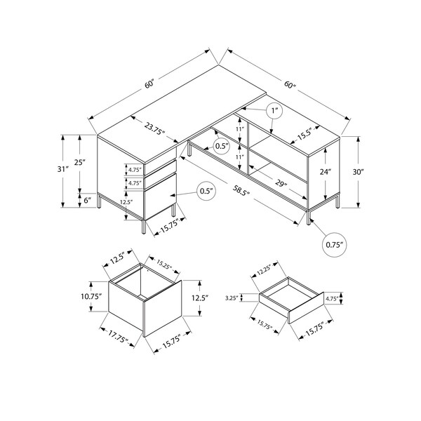 Monarch Specialties Computer Desk, Home Office, Corner, Storage Drawers, 60 in.L, L Shape, Work, Laptop, White Laminate - I 7494