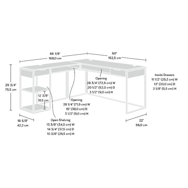 Sauder L-Desk, 60 in D X 29.72 in H, 65.98 in W X Engineered wood, Metal - 430358