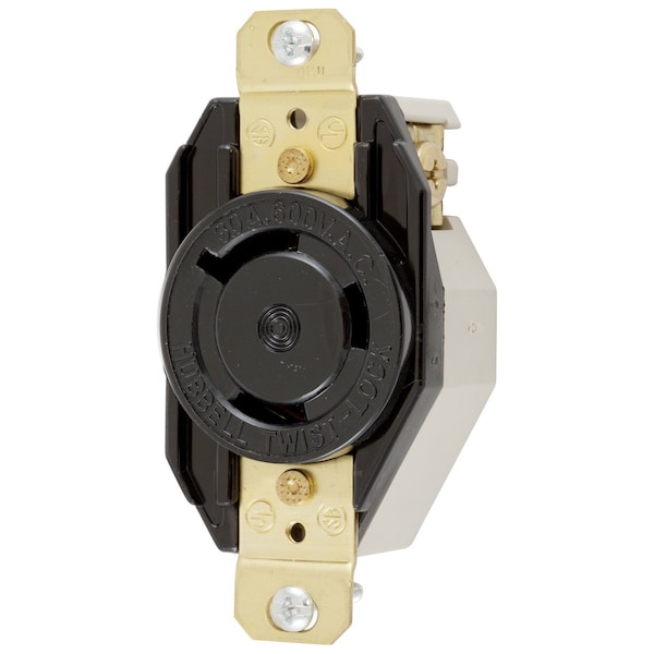 Hubbell Wiring Device-Kellems Locking Devices, Twist-Lock®, Industrial, Flush Receptacle, 30A 600V AC, 2-Pole 3-Wire Grounding, L9-30R, Screw Terminal, Black - HBL2650
