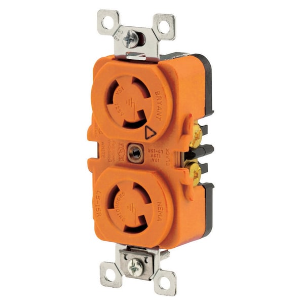 Bryant Locking Device, Duplex Receptacle, 15A 125V, 2-Pole 3-Wire Grounding, L5- 15R, ScrewTerminal, Orange - 4700DRIG