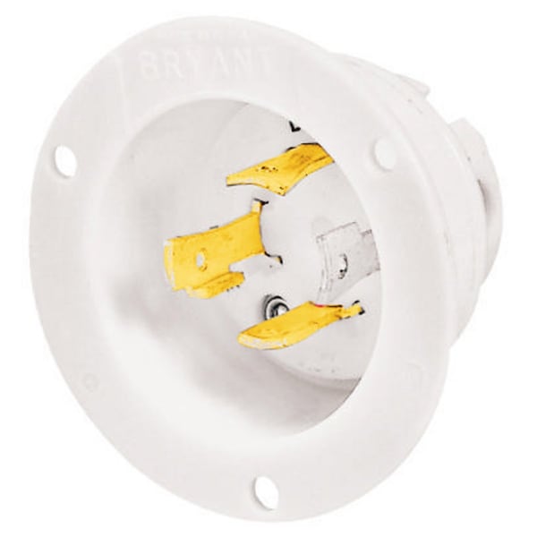 Bryant Locking Device, Flanged Inlet, 30A 125/250V, 3-Pole 4-Wire Grounding, L14-30P, Screw Terminal, White - 71430MB