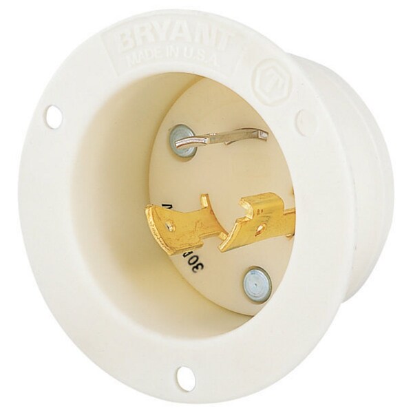 Bryant Locking Devices, Flanged Inlet, 30A 250V, 2-Pole 3-Wire Grounding, L6-30P, Screw Terminal, White - 70630MB