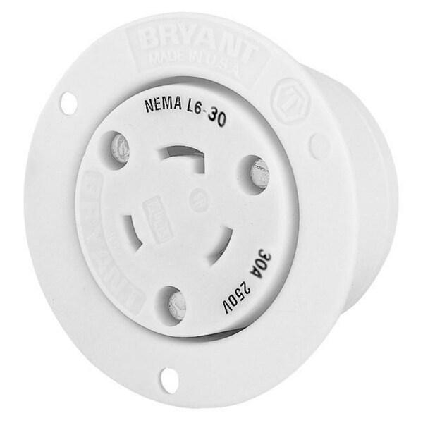 Bryant Locking Device, Flanged Receptacle, 30A 250V, 2-Pole 3-Wire Grounding, L6-30R, Screw Terminal, White - 70630ER