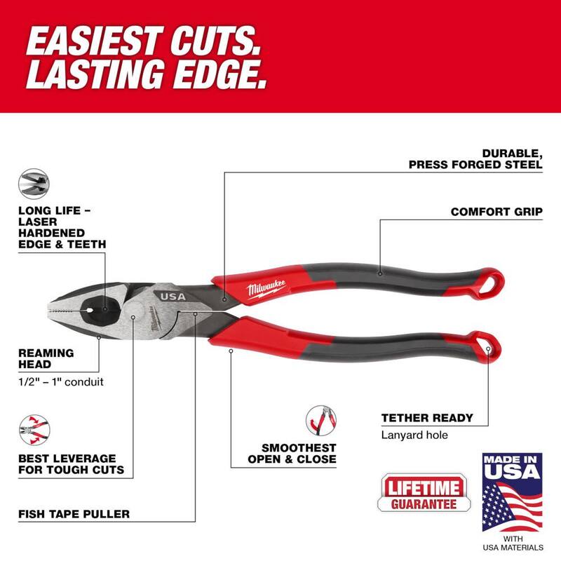 Milwaukee 9 in. Lineman's Pliers with Fish Tape Puller and Comfort Grip - MT550