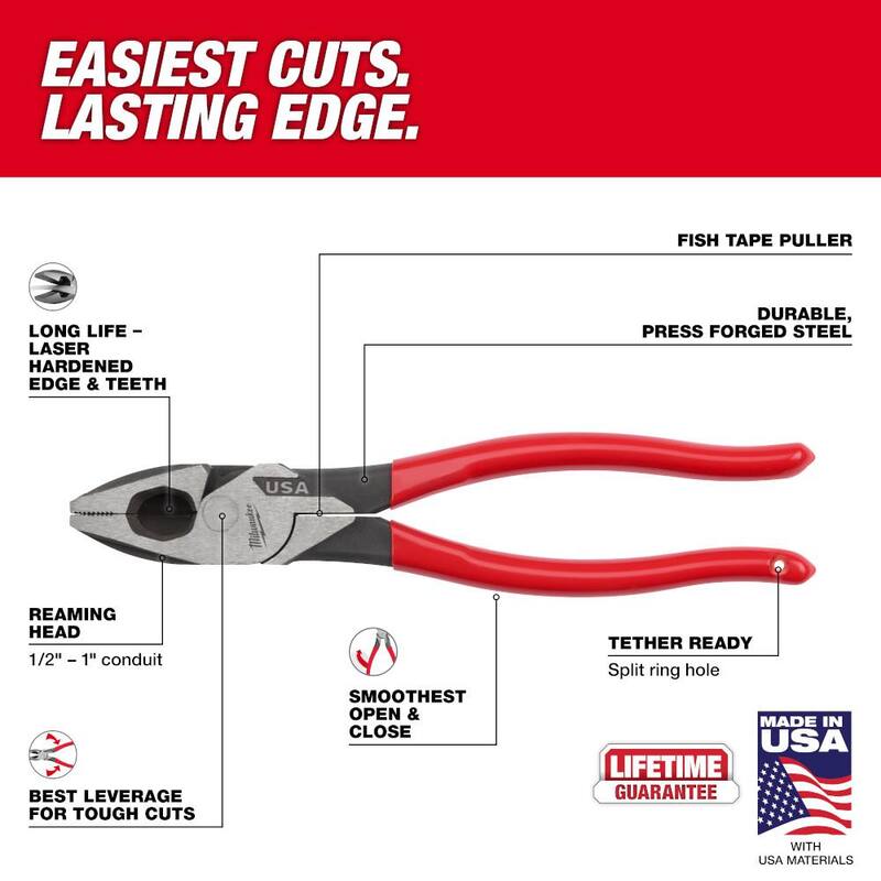 Milwaukee 9 in. Lineman's Pliers with Fish Tape Puller and Dipped Grip - MT500