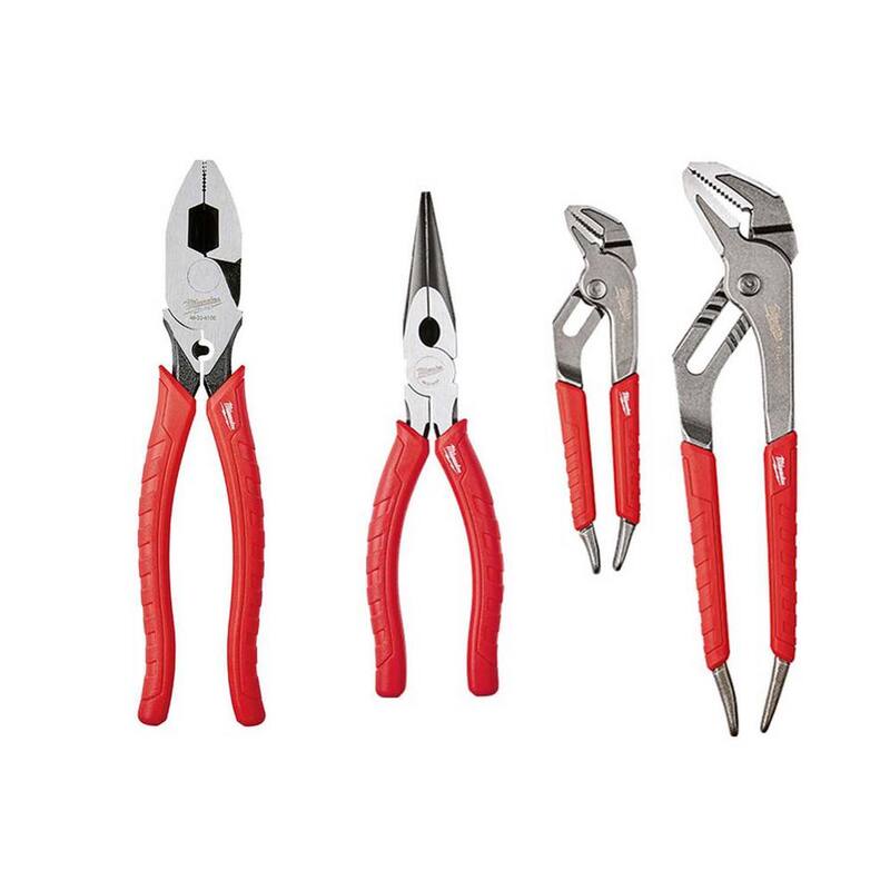 Milwaukee 10 in. High Leverage Lineman's Pliers with Crimper and Long Nose Pliers & 6 in./10 in. Straight-Jaw Pliers Set (4-Piece) - 48-22-6100-48-22-6101-48-22-6330