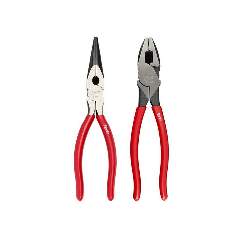 Milwaukee 9 in. High-Leverage Linesman Pliers with 8 in. Dipped Grip Long Nose Pliers (2-Piece) - 48-22-6502-48-22-6501