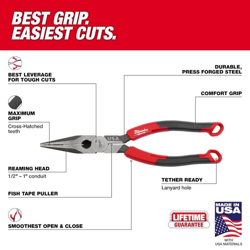 Milwaukee Linesman Plier with Comfort Grip with 8 in. Long Nose Plier with Comfort Grip and 6 in. Diagonal Plier with Comfort Grip - MT550-MT556-MT555