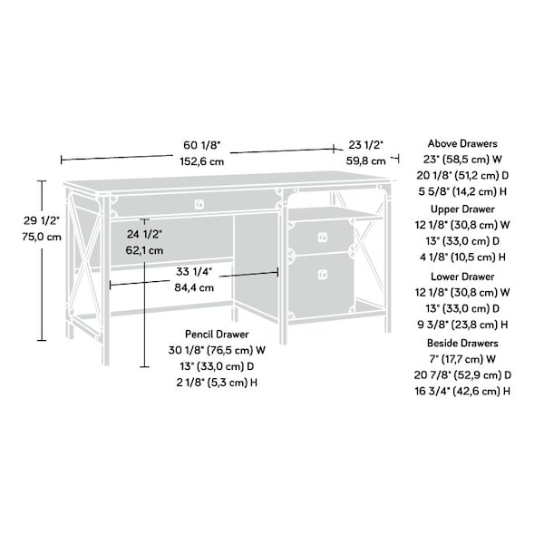 Sauder 23.54 in D X 29.53 in H, 60.08 in W X Engineered wood, Metal - 427851