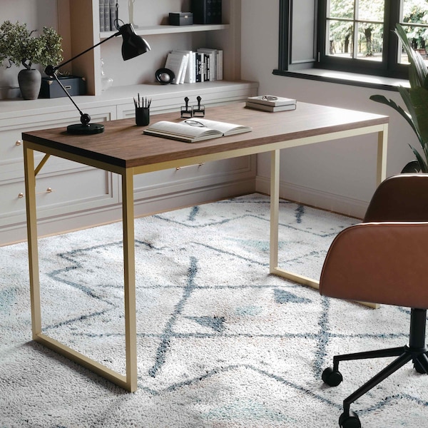 Martha Stewart 23.5 in. D X 47.25 in. W X Engineered Wood, Steel, Walnut Top/Polished Brass Frame - XU-M-BLK-106-BR-GLD-MS