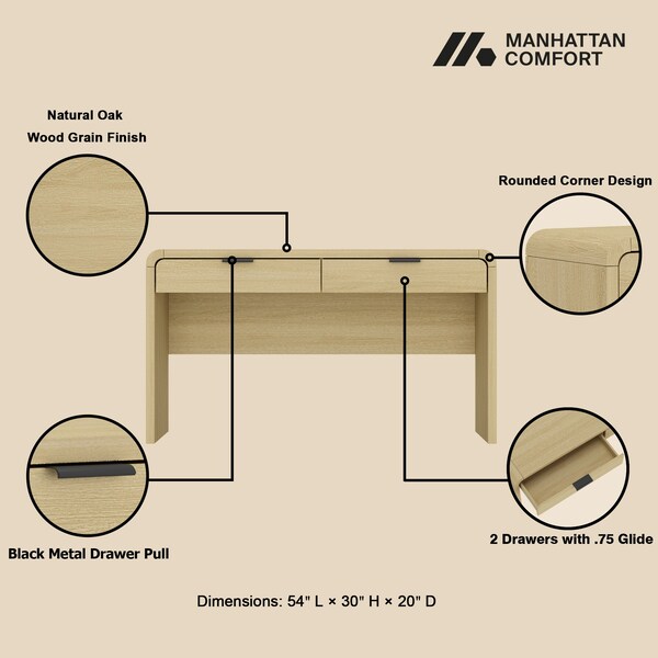 Manhattan Comfort Grace 54in Home Office Desk in Natural Oak and Black - DK001-NO