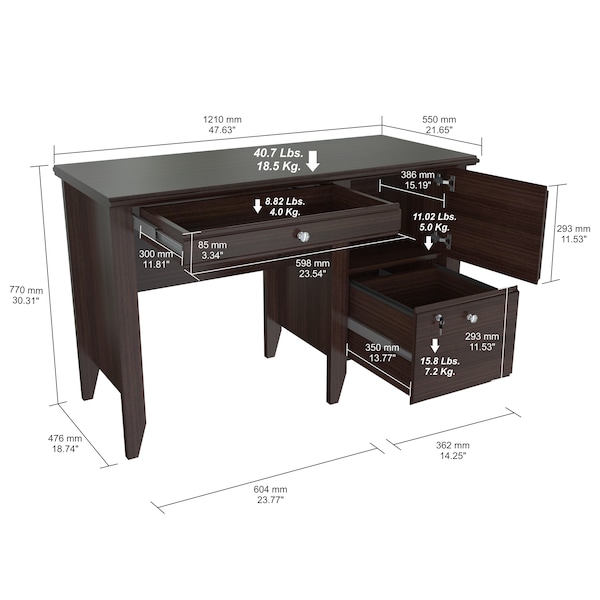 Inval Writing Desk 47.6 in. W Espresso Wengue Rectangular 2 -Drawer with Cabinet - ES-9303