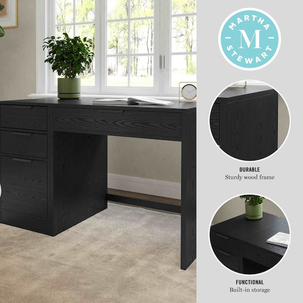 Martha Stewart Kayden Single-Drawer Desk w/3 Drawer File Cabinet in Black w/Oil Rubbed Bronze Hardware - KHO-23042-TBFC-BK-BK-MS