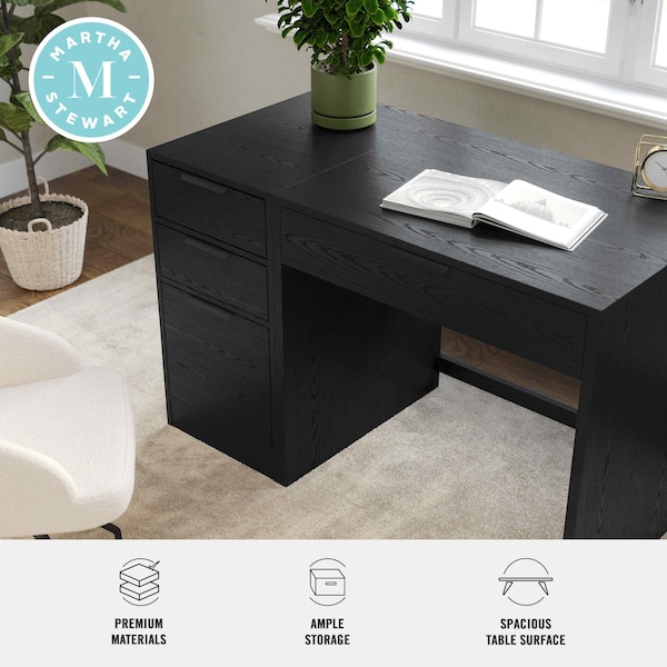 Martha Stewart Kayden Single-Drawer Desk w/3 Drawer File Cabinet in Black w/Oil Rubbed Bronze Hardware - KHO-23042-TBFC-BK-BK-MS