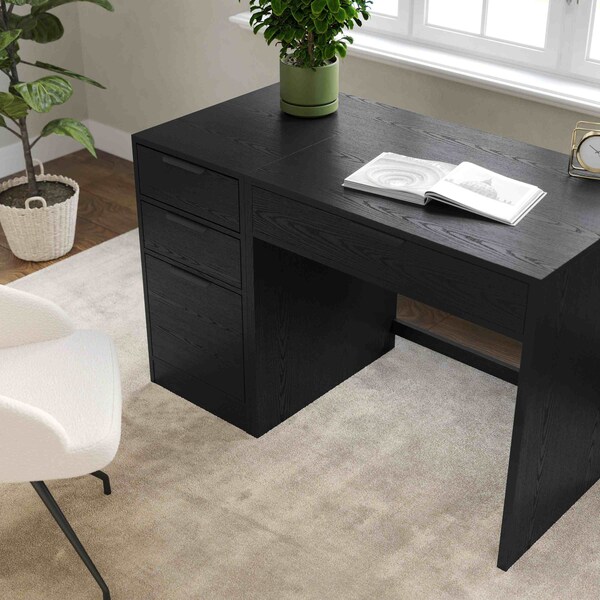 Martha Stewart Kayden Single-Drawer Desk w/3 Drawer File Cabinet in Black w/Oil Rubbed Bronze Hardware - KHO-23042-TBFC-BK-BK-MS