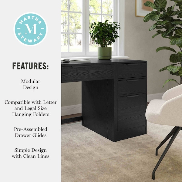 Martha Stewart Kayden Single-Drawer Desk w/3 Drawer File Cabinet in Black w/Oil Rubbed Bronze Hardware - KHO-23042-TBFC-BK-BK-MS
