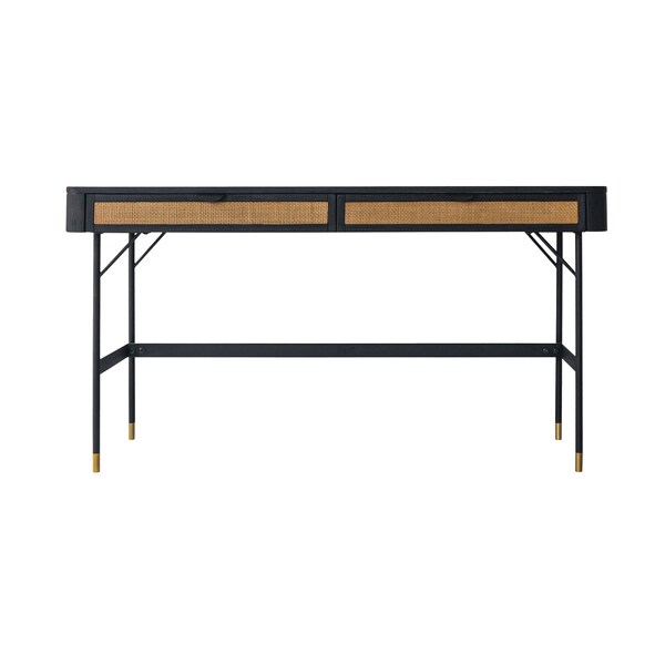 Armen Living Saratoga 2 Drawer Desk in Black Acacia with Rattan - LCSRDEBL