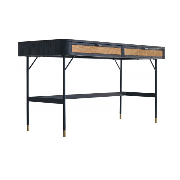 Armen Living Saratoga 2 Drawer Desk in Black Acacia with Rattan - LCSRDEBL