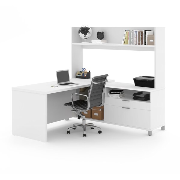 Bestar Pro-Linea L-Desk With Open Hutch, White - 120886-17