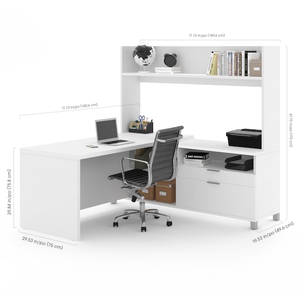Bestar Pro-Linea L-Desk With Open Hutch, White - 120886-17