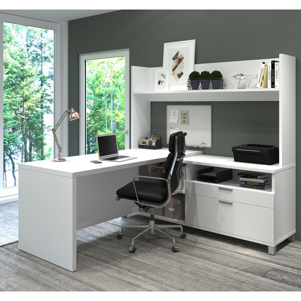 Bestar Pro-Linea L-Desk With Open Hutch, White - 120886-17