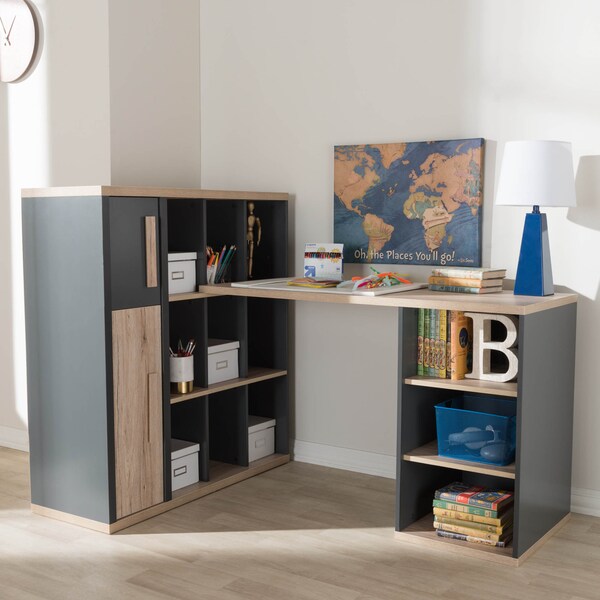Baxton Studio Pandora Grey and Brown Study Desk with Built-in Shelving Unit - 141-7965