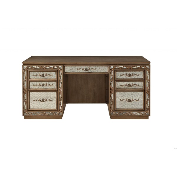 Homeroots 24 x 66 x 78 in. Antique Gold Wood Glass Mirror Computer Desk & Hutch - 348666
