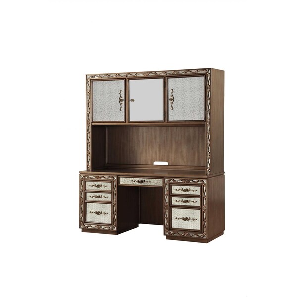 Homeroots 24 x 66 x 78 in. Antique Gold Wood Glass Mirror Computer Desk & Hutch - 348666