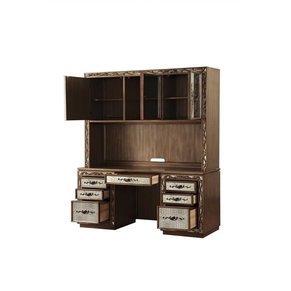 Homeroots 24 x 66 x 78 in. Antique Gold Wood Glass Mirror Computer Desk & Hutch - 348666