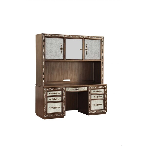 Homeroots 24 x 66 x 78 in. Antique Gold Wood Glass Mirror Computer Desk & Hutch - 348666