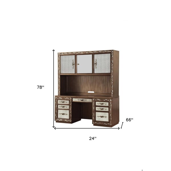 Homeroots 24 x 66 x 78 in. Antique Gold Wood Glass Mirror Computer Desk & Hutch - 348666