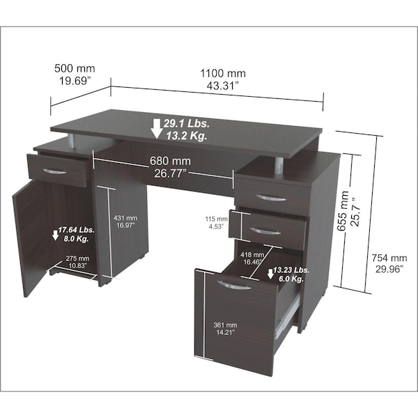 Homeroots Computer Desk with Four Drawers - Melamine and Engineered wood - 249794