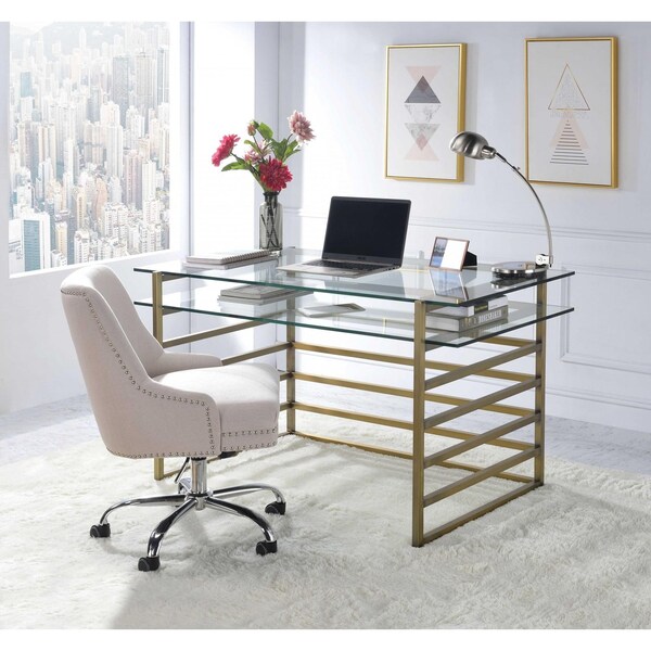 Homeroots 28 x 56 x 31 in. Antique Gold Clear Glass Metal Desk - 347509