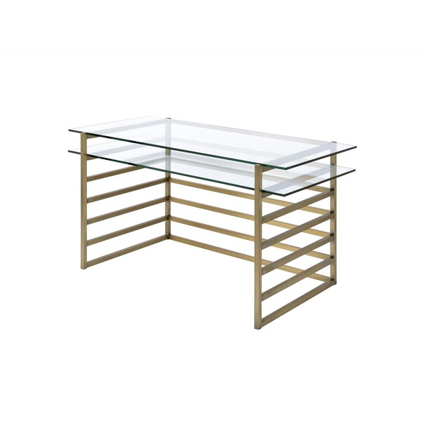 Homeroots 28 x 56 x 31 in. Antique Gold Clear Glass Metal Desk - 347509