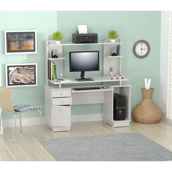 Homeroots Computer Work center and Credenza with Hutch - Melamine and Engineered wood - 249812