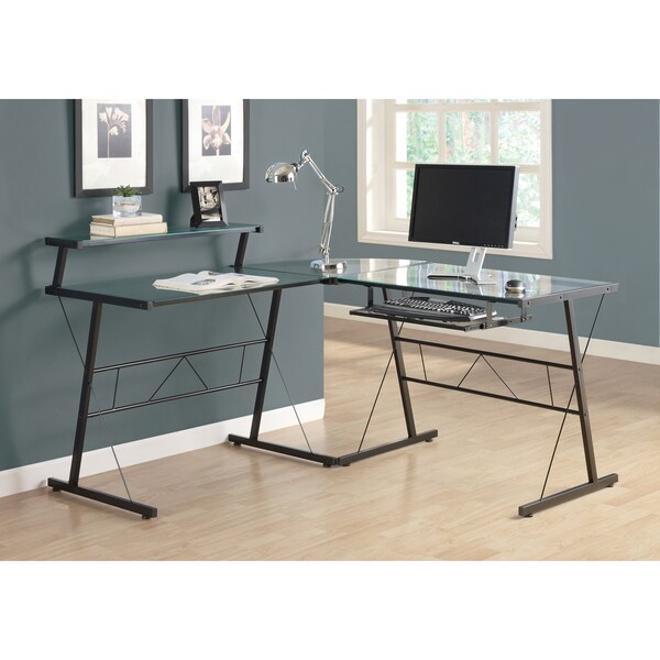 Monarch Specialties Computer Desk, Home Office, Corner, L Shape, Work, Laptop, Metal, Tempered Glass, Black, Clear - I 7172