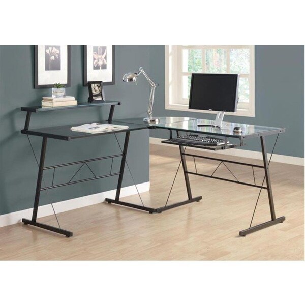 Monarch Specialties Computer Desk, Home Office, Corner, L Shape, Work, Laptop, Metal, Tempered Glass, Black, Clear - I 7172